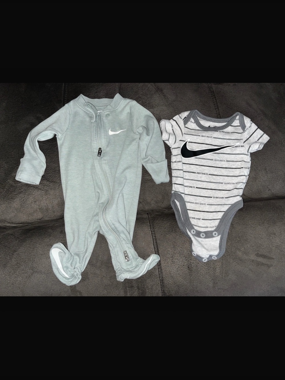 Nike Light Gray Baby Footed Sleeper + Striped Bodysuit Set